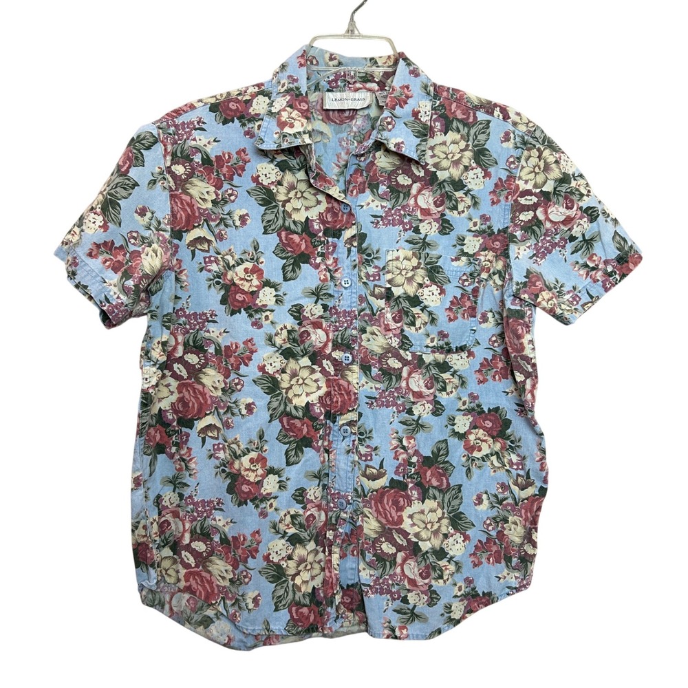 Lemon Grass Button Down Shirt Womens Medium Blue Floral Cotton Cottagecore Chic